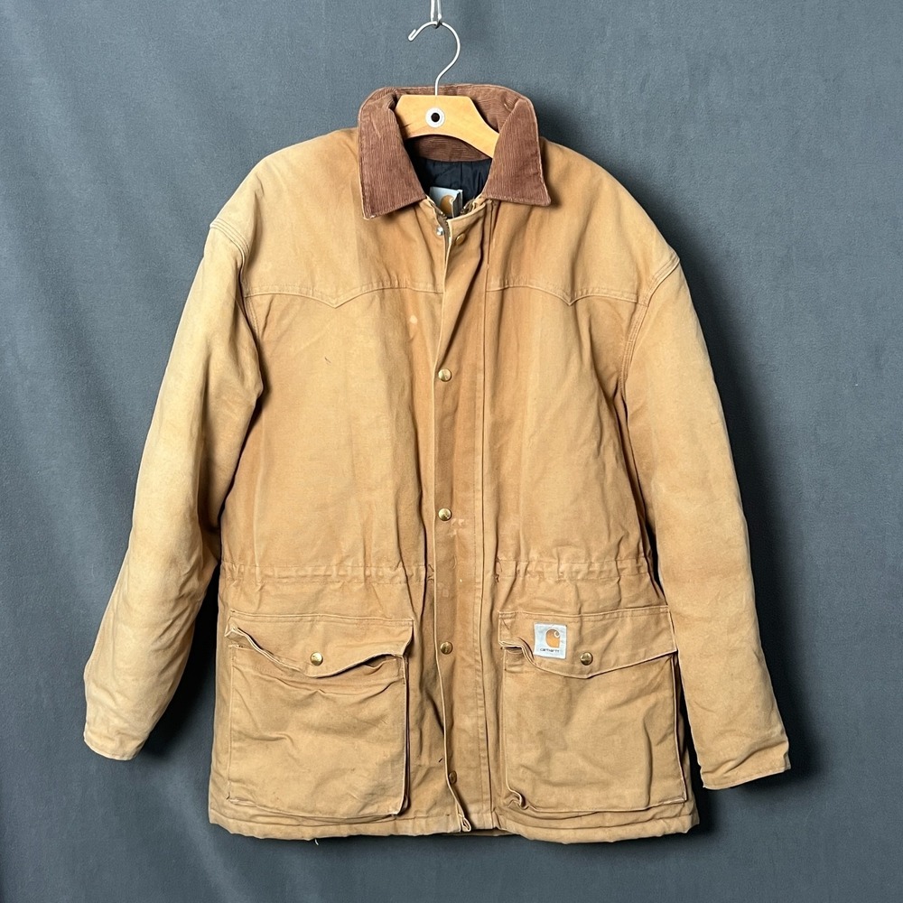 Vtg Carhartt Quilted Lined Corduroy Collar Chore Coat Mens L Tan USA Union Made
